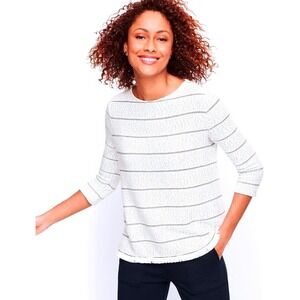 Talbots~Sweater Size Medium~Womens White Navy Fringe Hem Boat Neck Knit Pullover